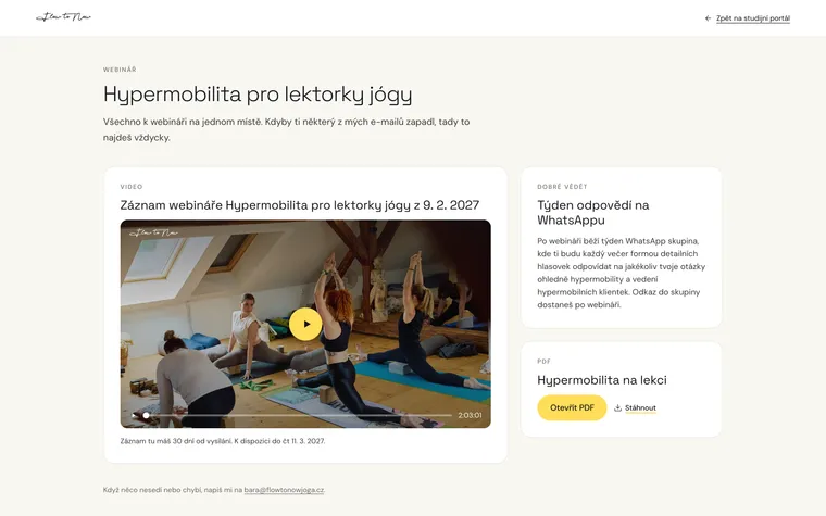 Studijní portál Flow to Now: záznam webináře, PDF Hypermobilita na lekci a týden odpovědí na WhatsAppu na jedné stránce
