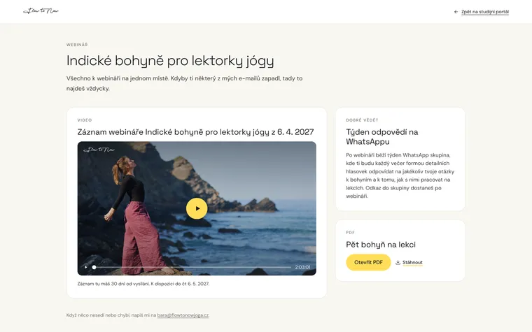 Studijní portál Flow to Now: záznam webináře, týden odpovědí na WhatsAppu a PDF Pět bohyň na lekci na jedné stránce
