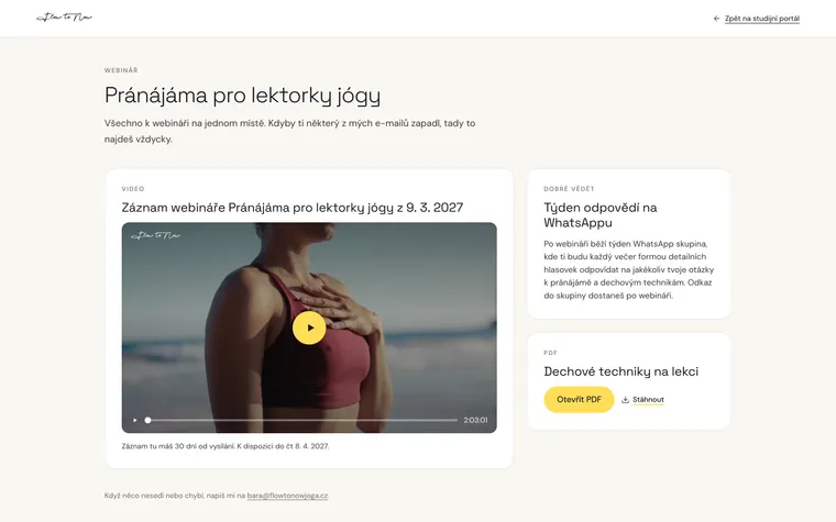 Studijní portál Flow to Now: záznam webináře, týden odpovědí na WhatsAppu a PDF Dechové techniky na lekci na jedné stránce