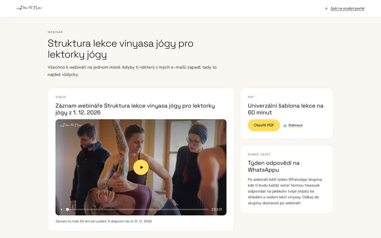 Studijní portál Flow to Now: záznam webináře, PDF se šablonou lekce a týden odpovědí na WhatsAppu na jedné stránce